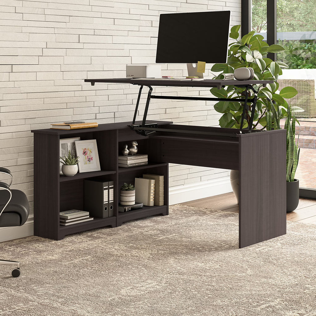 Heather Gray Sit to Stand Corner Desk with Shelves N592