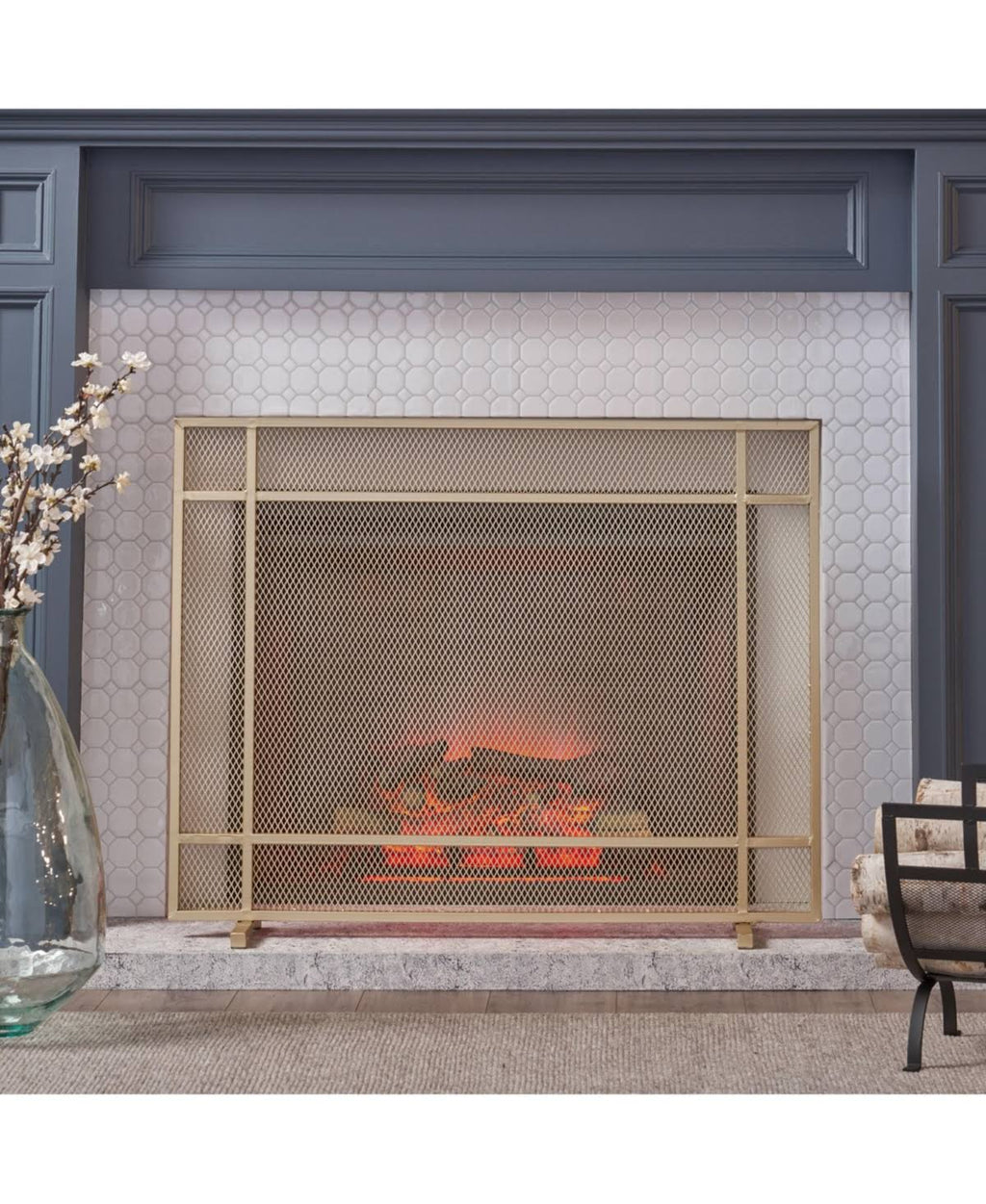 Black Brushed Gold Single Panel Iron Fire Screen H159375
