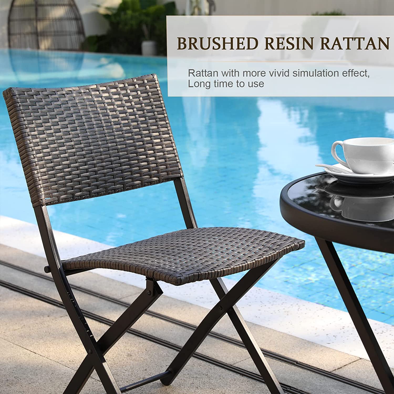 3 Pieces Outdoor Patio Bistro Set with Folding Patio Round Table and Chairs S632
