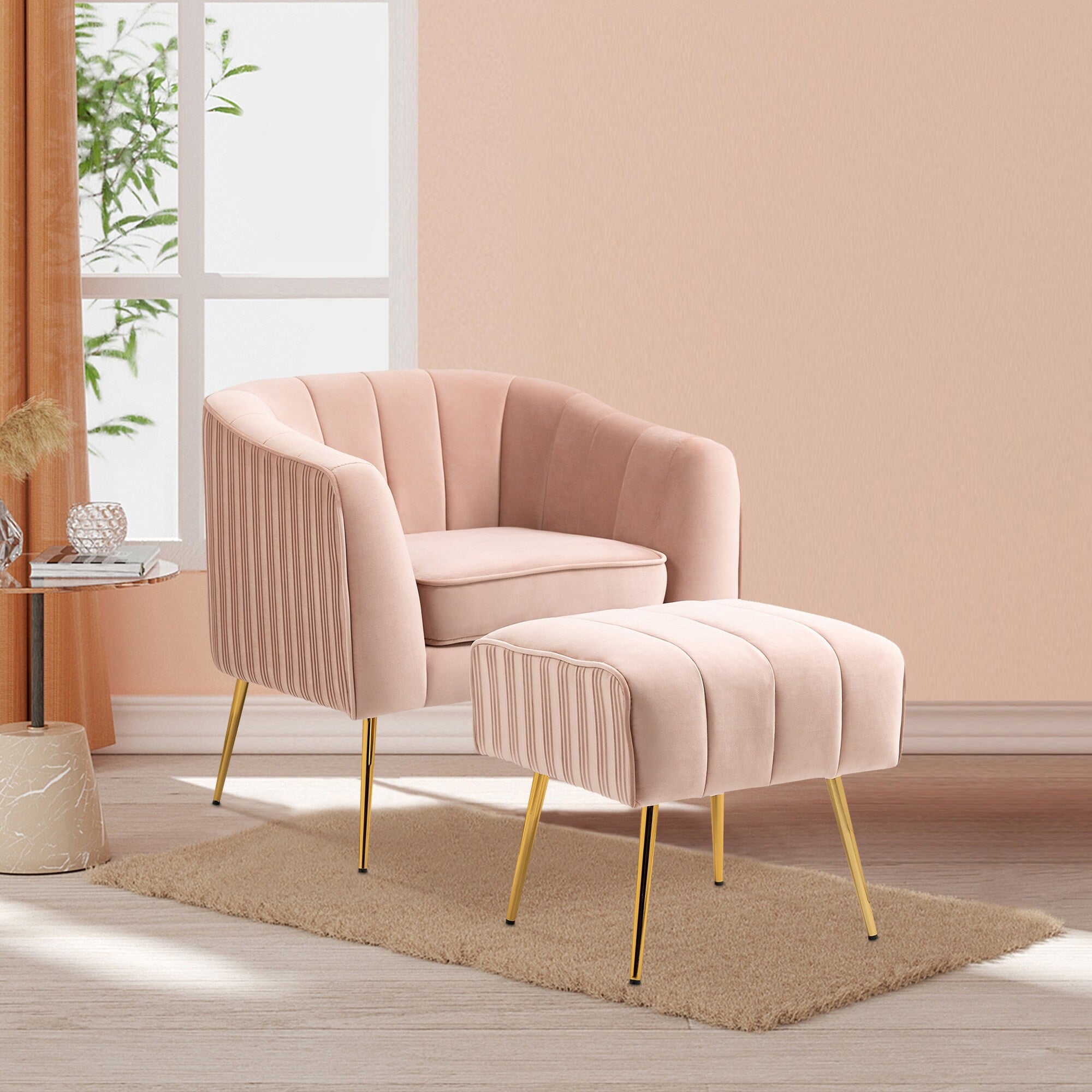Pink Velvet Barrel Arm Accent Chair with Ottoman O1158