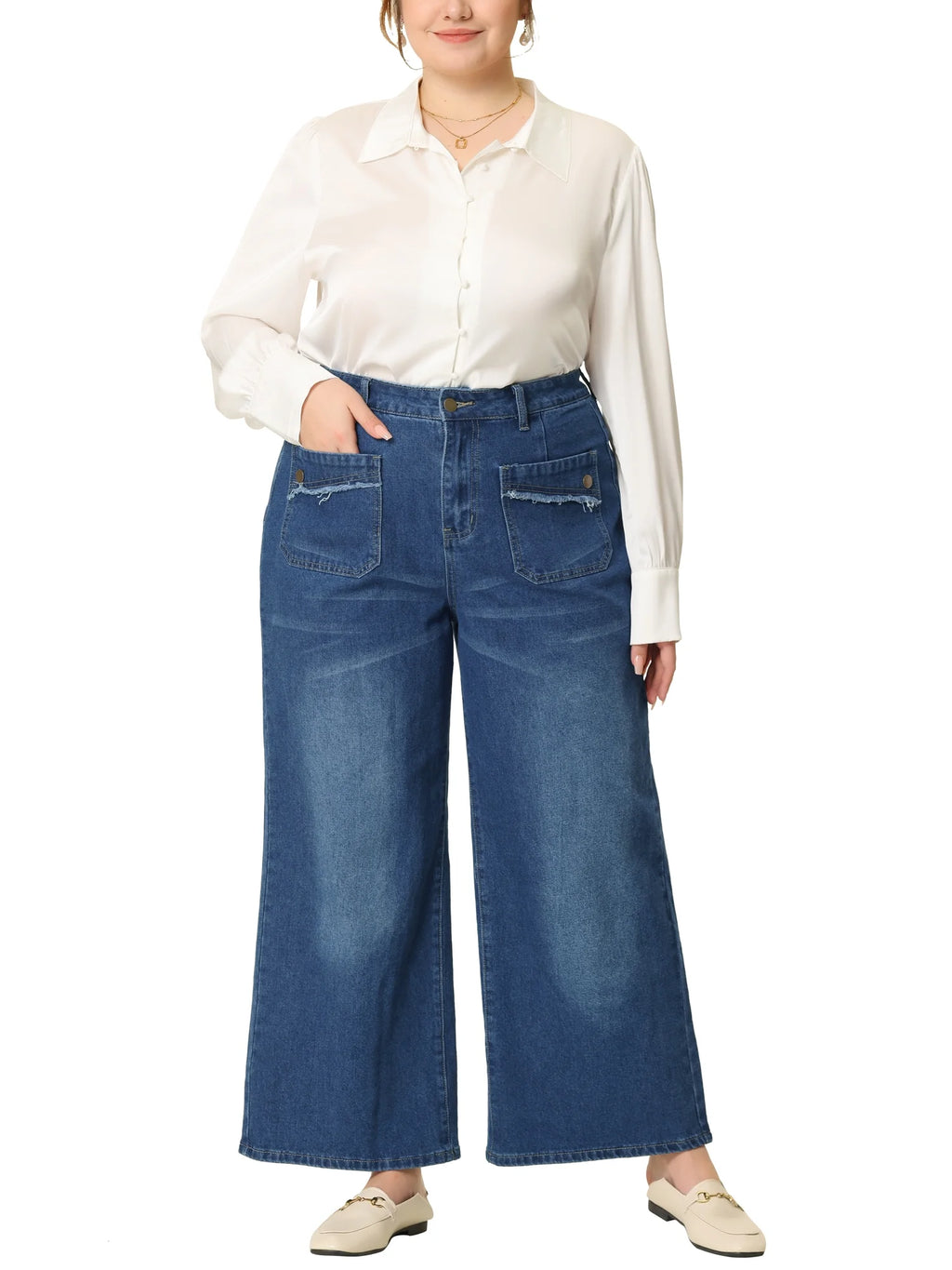 Plus Size Wide Leg Stretch Washed Long Jeans U38737