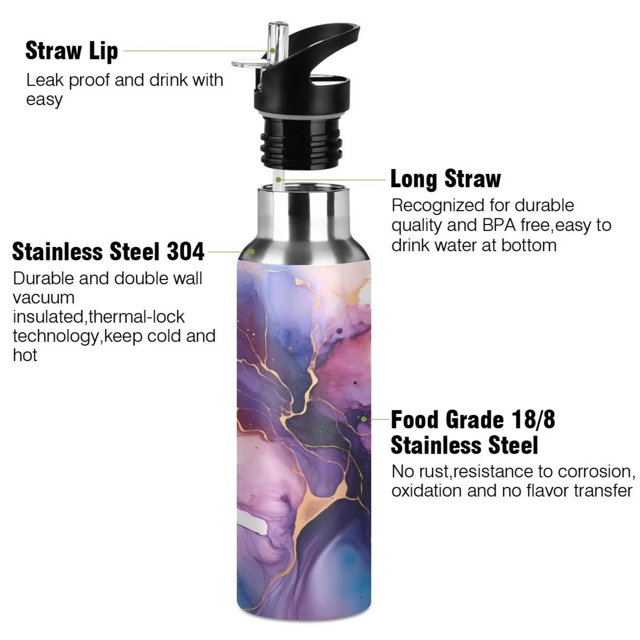 Purple and Blue Marble Stainless Steel Insulated Water Bottle with Straw Lid H7318