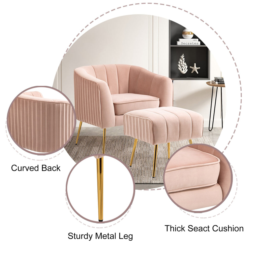 Pink Velvet Barrel Arm Accent Chair with Ottoman O1158