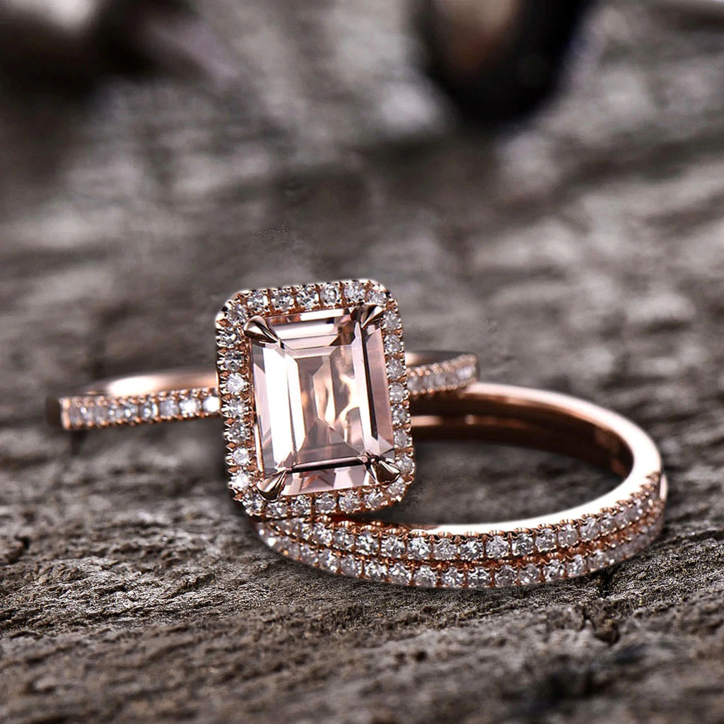 Emerald Cut Morganite Bridal Ring 10k Rose Gold Half Eternity W437737