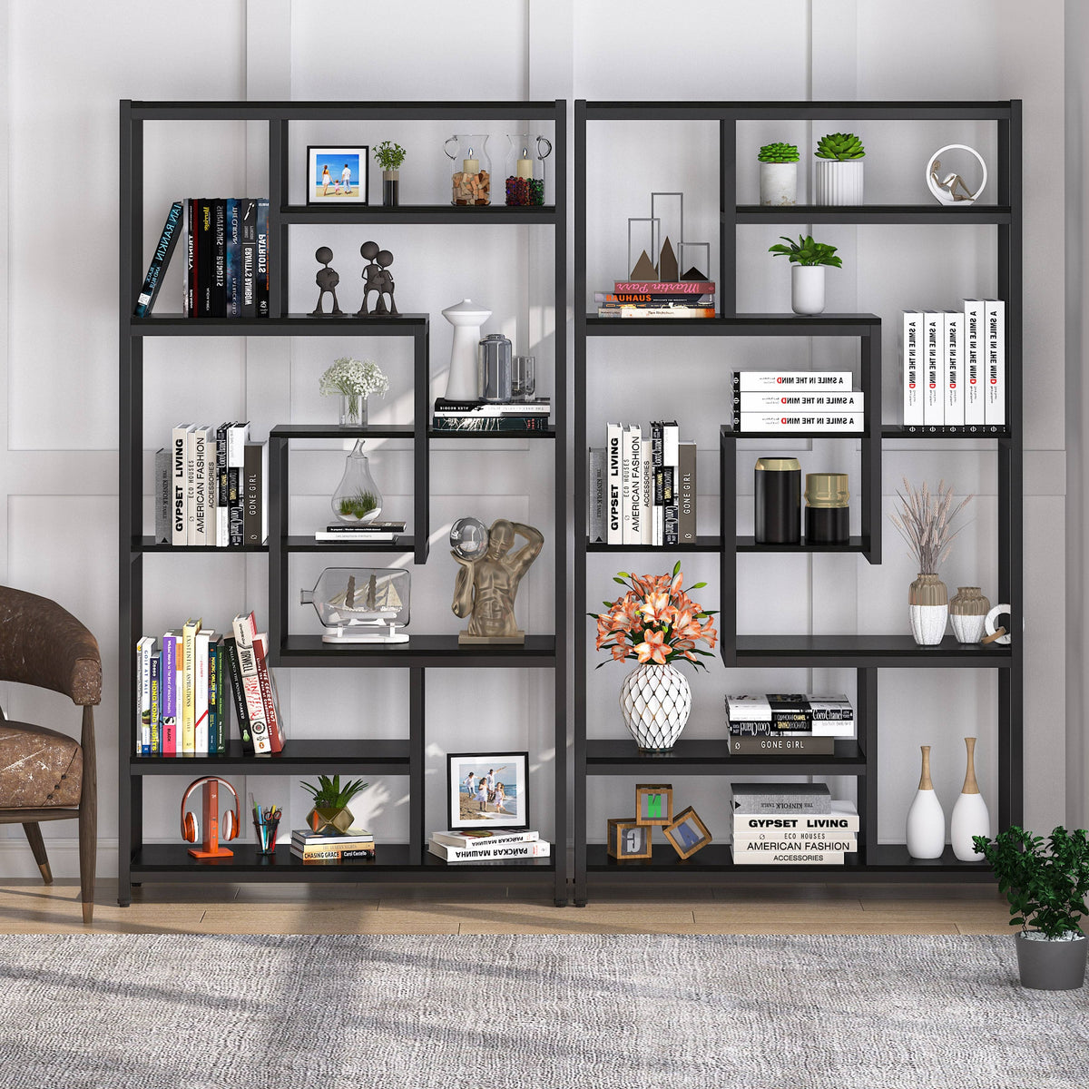 Black Staggered Bookshelf Etagere Bookcase P3268