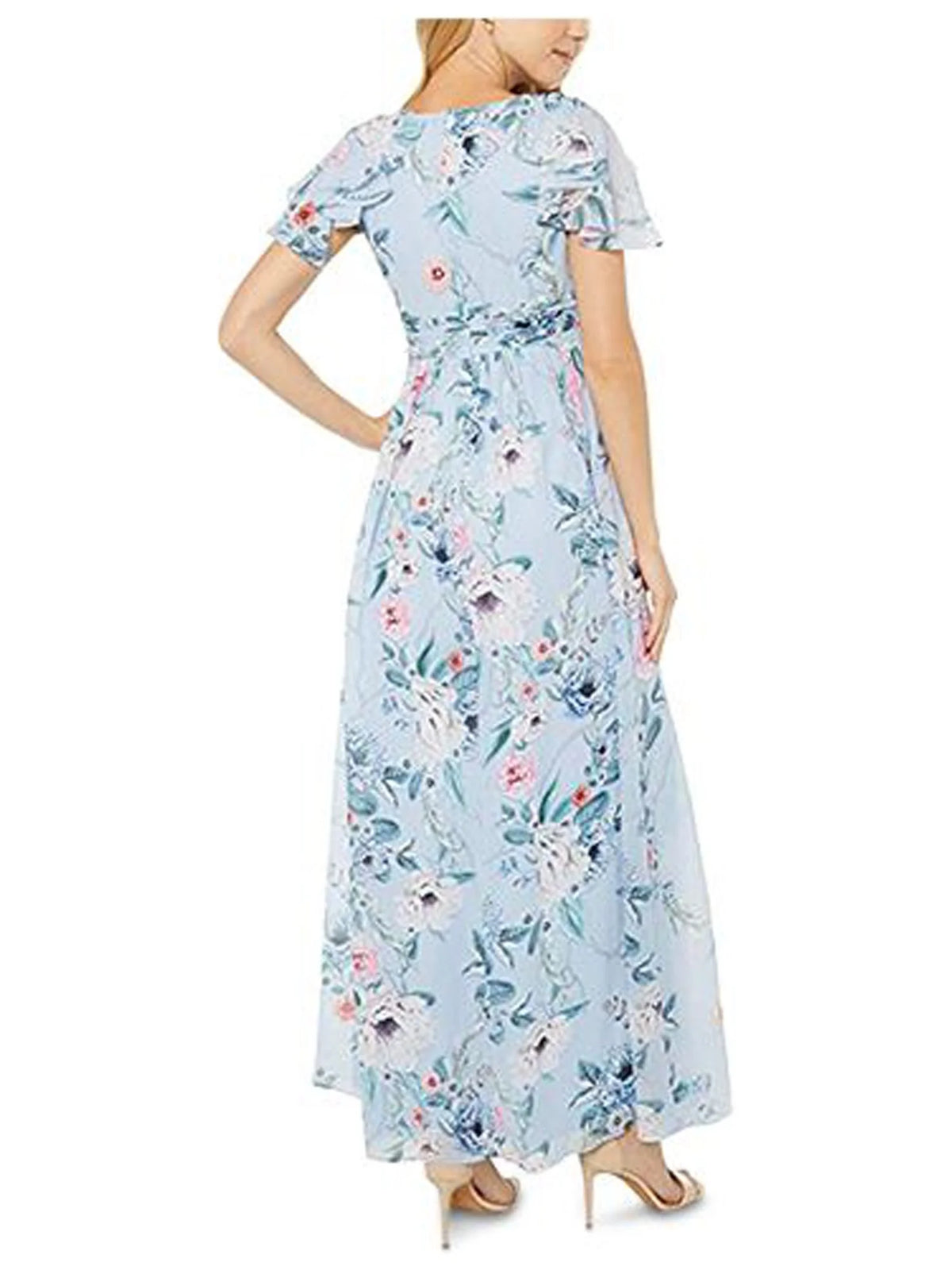 Light Blue Pleated Chiffon Floral Flutter Sleeve V Neck Maxi Dress U6166