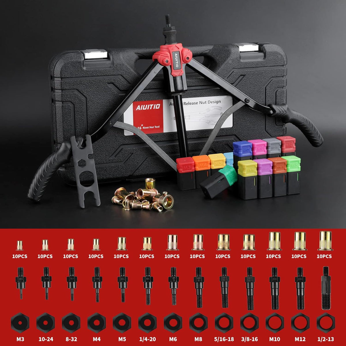 16'' Rivet Nut Tool with 13PCS Metric & Inch Mandrels, 130PCS Rivet Nuts, Plastic Case T706