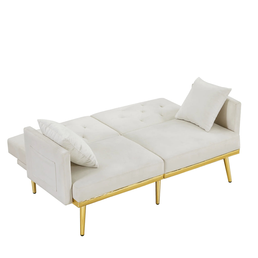 Modern Velvet Tufted Sofa Bed with Metal Legs 2 Pillows S47902