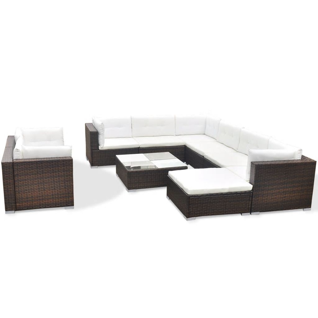 10 Piece Brown Poly Rattan Outdoor Sofa Set with Coffee Table and Ottoman B618