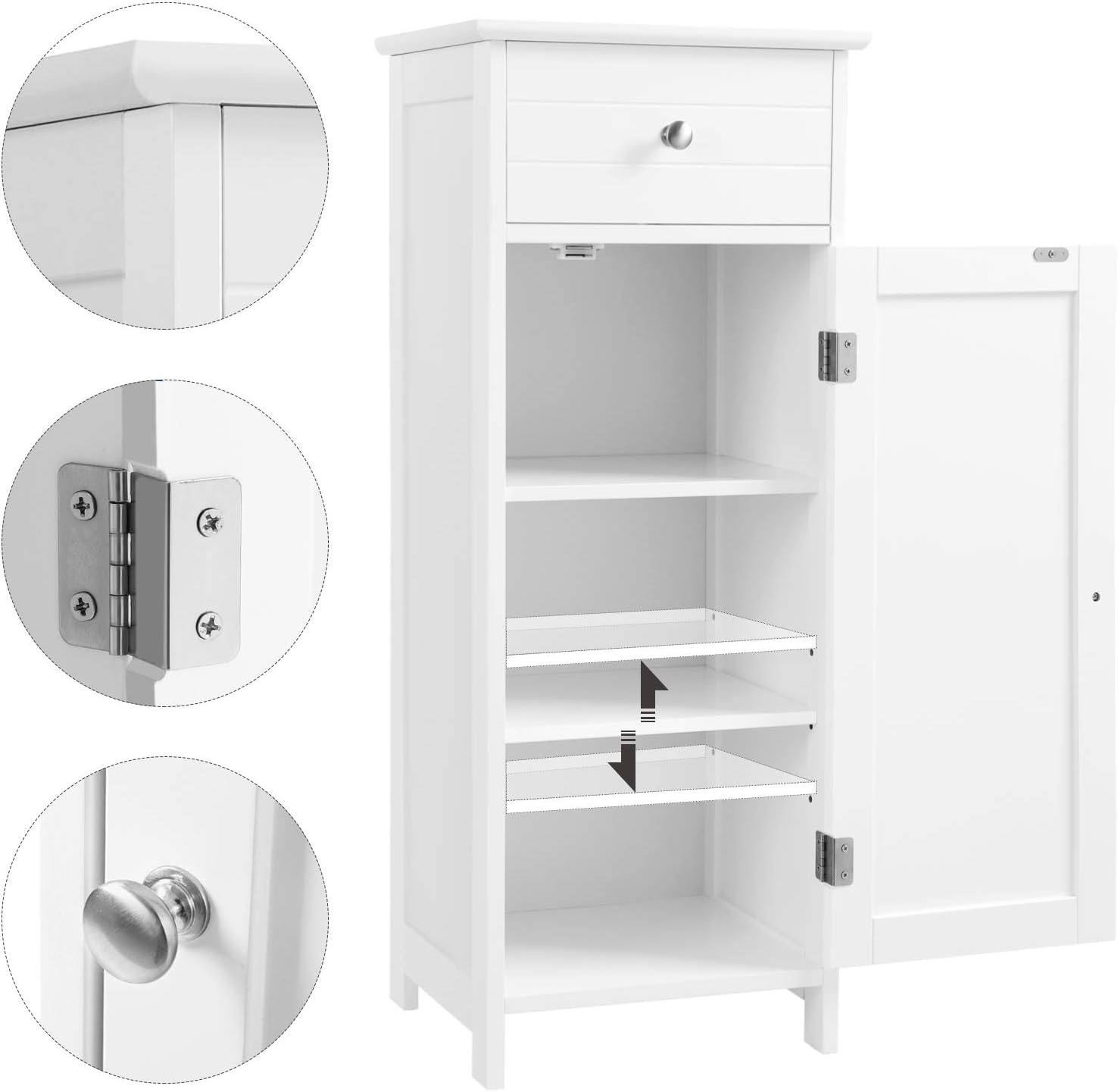 White Wooden Bathroom Floor Cabinet with Drawer and Adjustable Shelf O497785