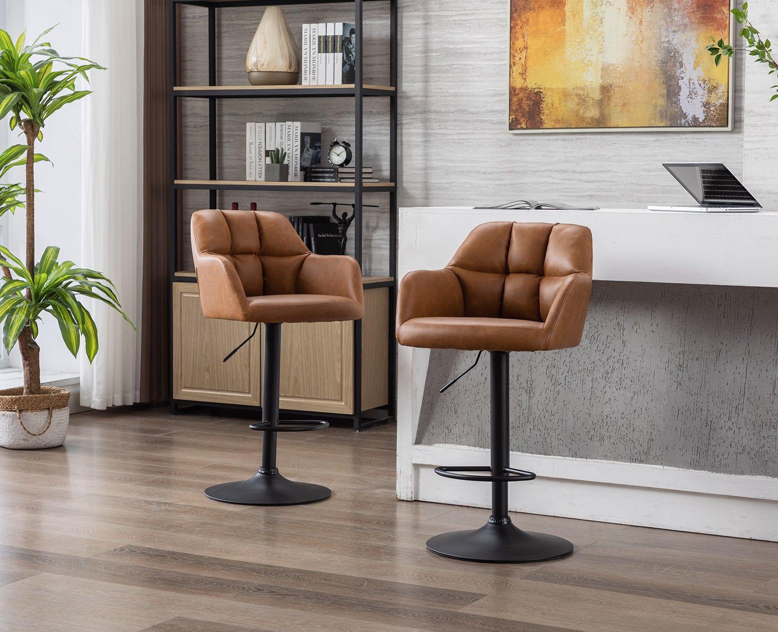 Brown Faux Leather Adjustable Swivel Bar Stool Set of 2 G5548