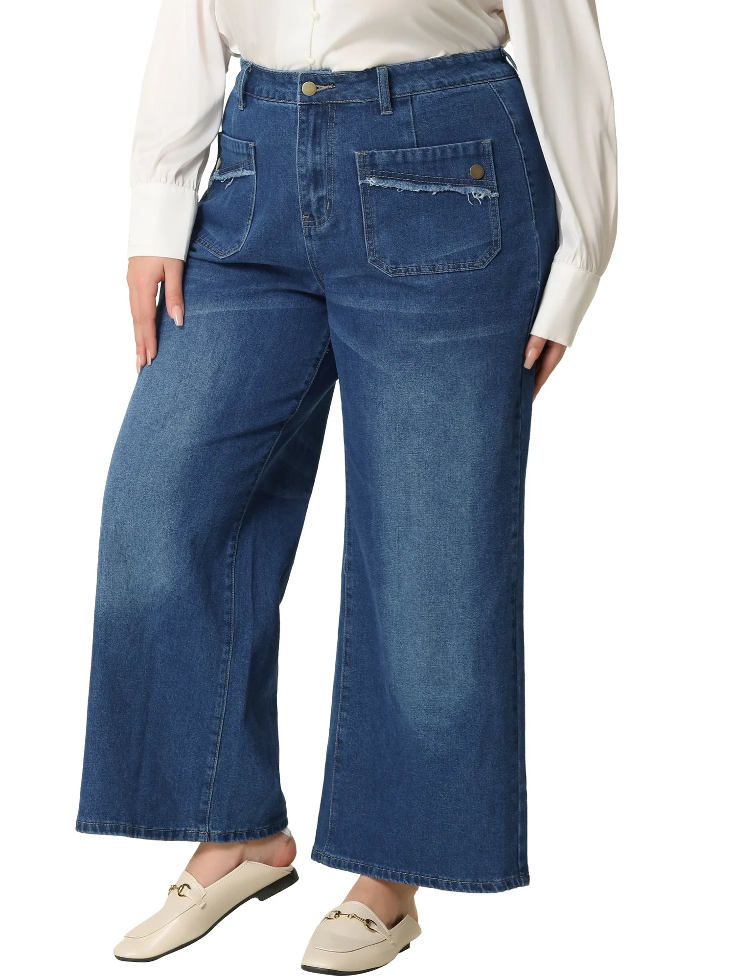 Plus Size Wide Leg Stretch Washed Long Jeans U38737