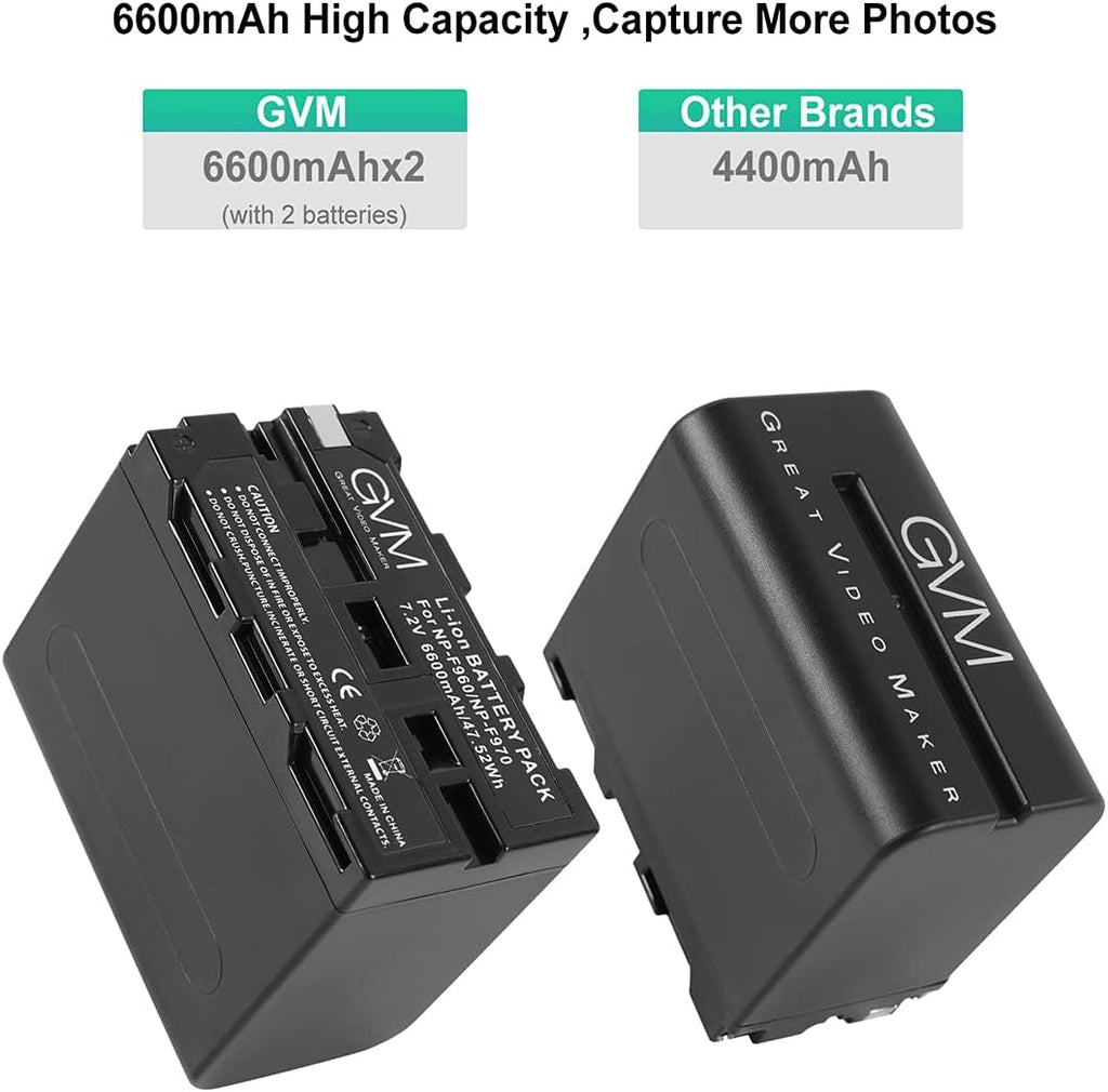 NP-F970 6600mAh Batteries with Dual USB Charger and V-Mount Adapter, 2 Packs N7321