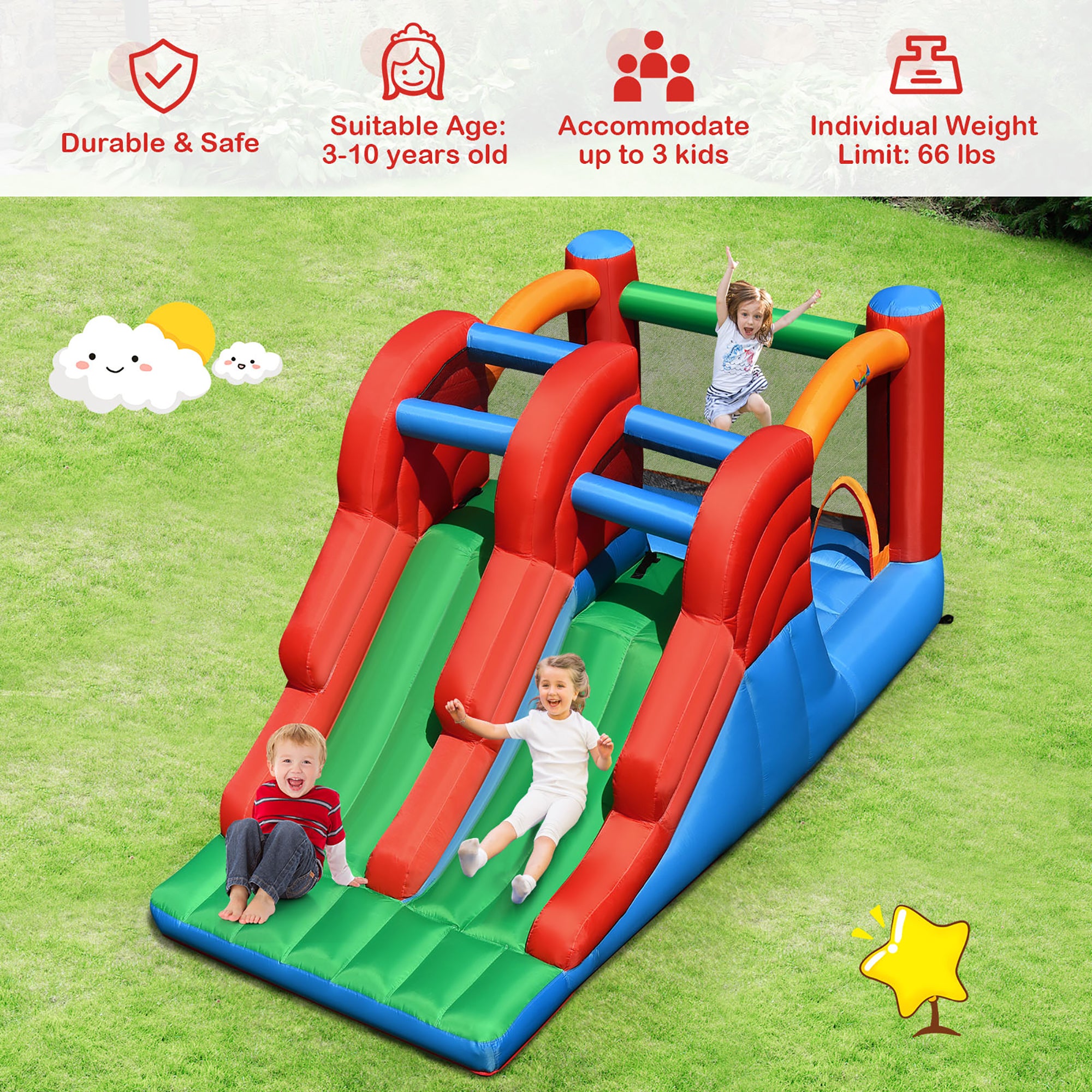 Inflatable Bounce House 3-in-1 Dual Slides Jumping Castle with 550W Blower T924