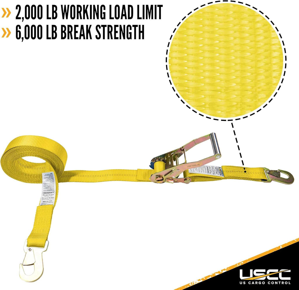 2 Inch Wide x 27 Foot Long Yellow Ratchet Straps with Snap Hook - 4 Pack E604