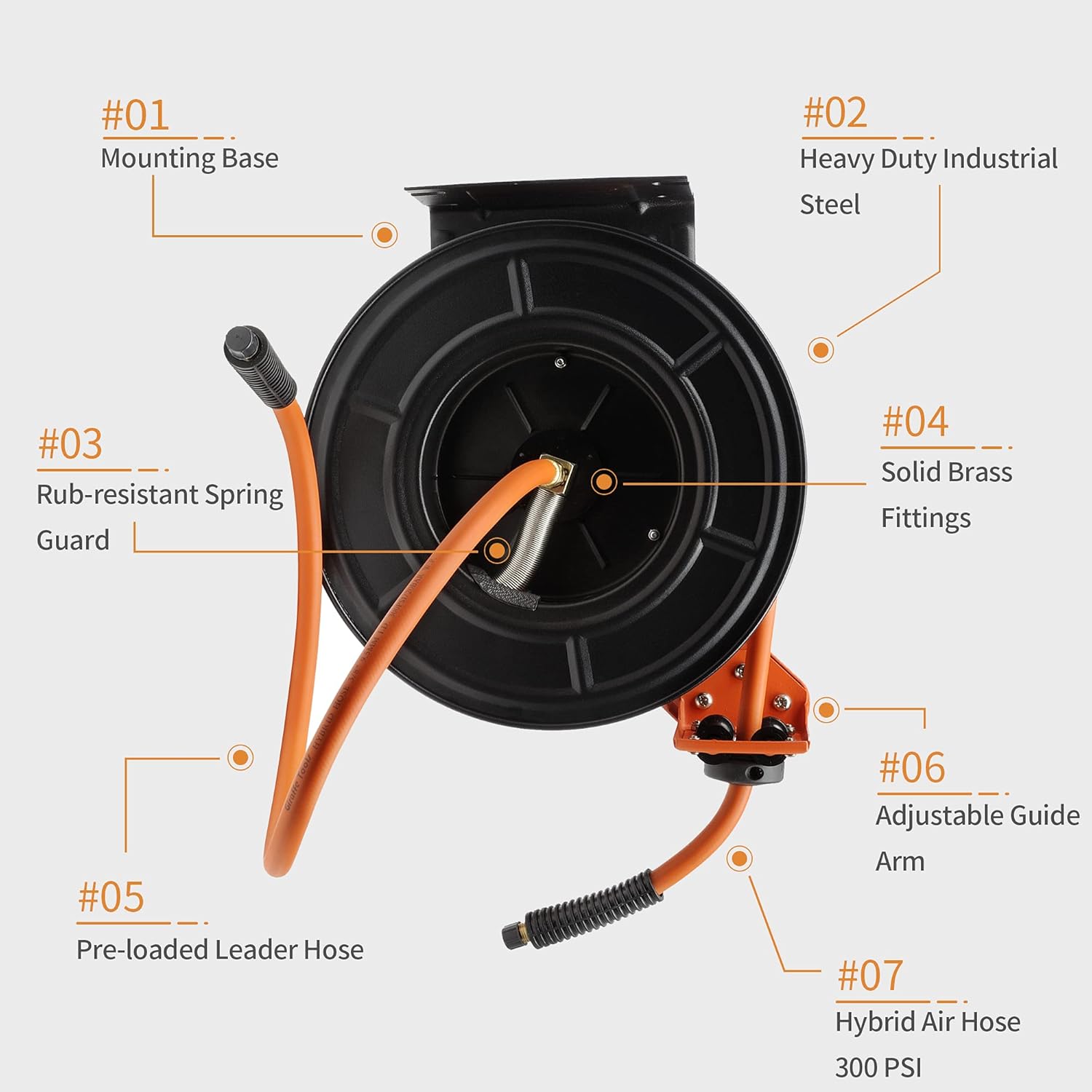 Retractable Air Hose Reel Wall Mount with 3/8 in. x 25 FT Hybrid Hose, Steel Reel Auto Rewind 300PSI Pack of 2 T789