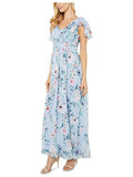 Light Blue Pleated Chiffon Floral Flutter Sleeve V Neck Maxi Dress U6166