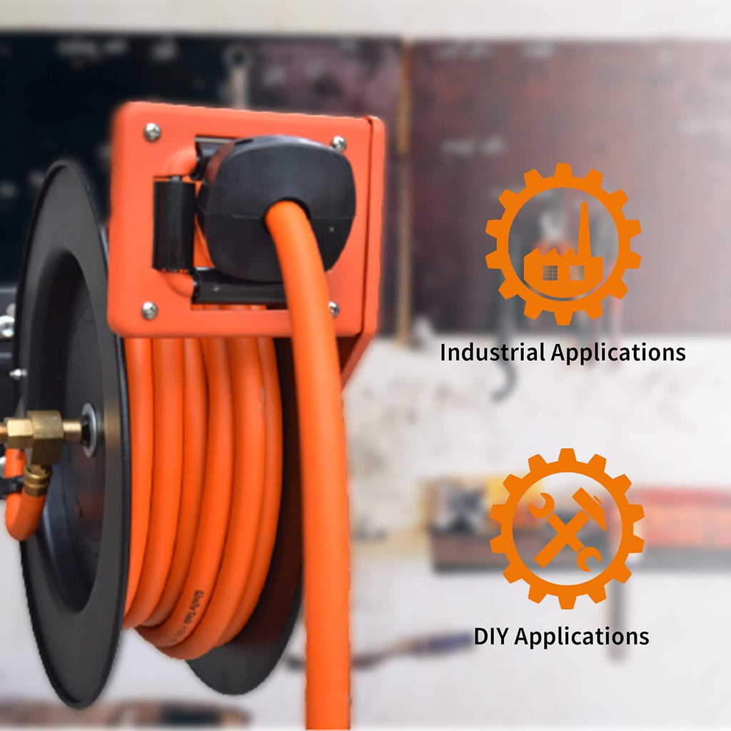 Retractable Air Hose Reel Wall Mount with 3/8 in. x 25 FT Hybrid Hose, Steel Reel Auto Rewind 300PSI Pack of 2 T789