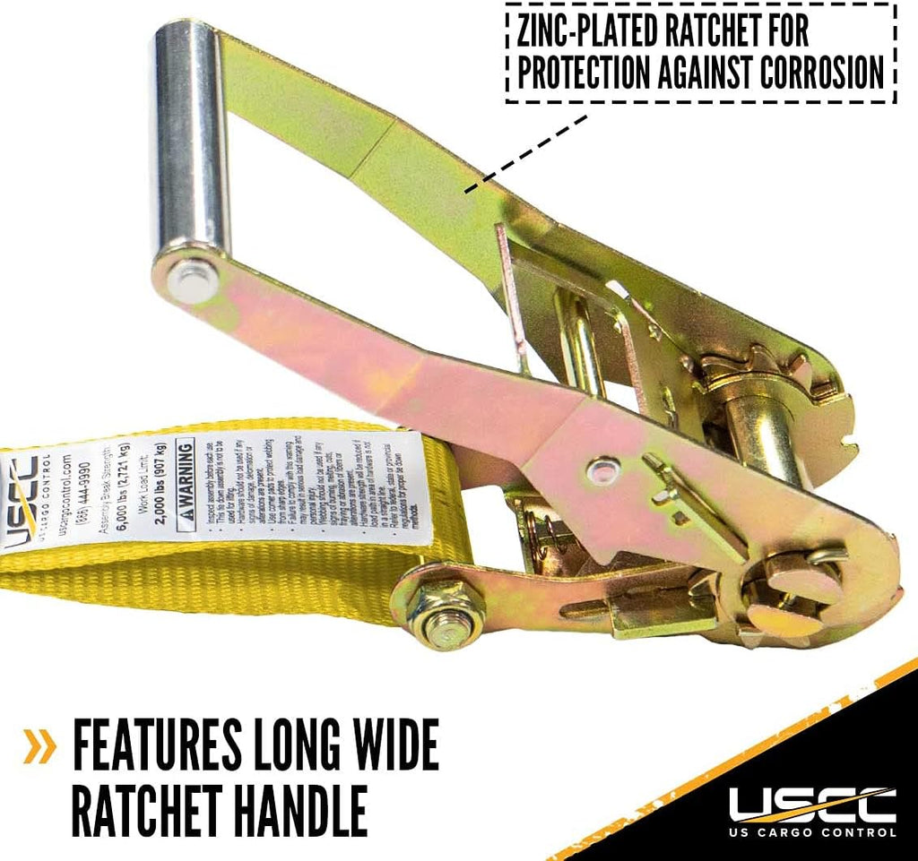 2 Inch Wide x 27 Foot Long Yellow Ratchet Straps with Snap Hook - 4 Pack E604