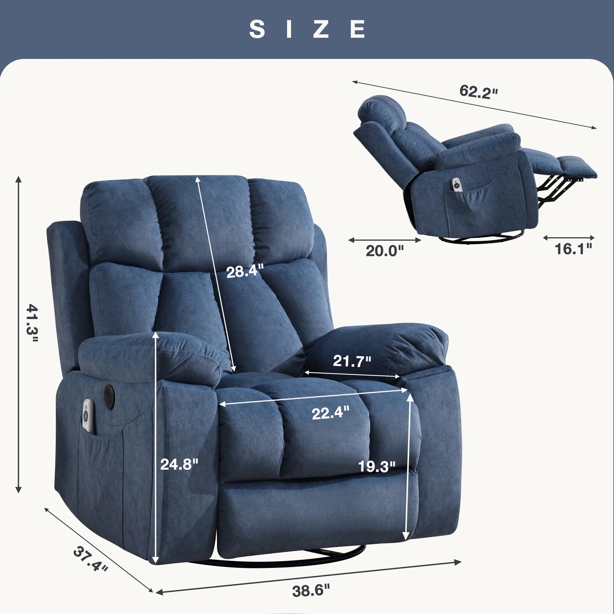 Blue Recliner Chair with Massage and Heat W22565