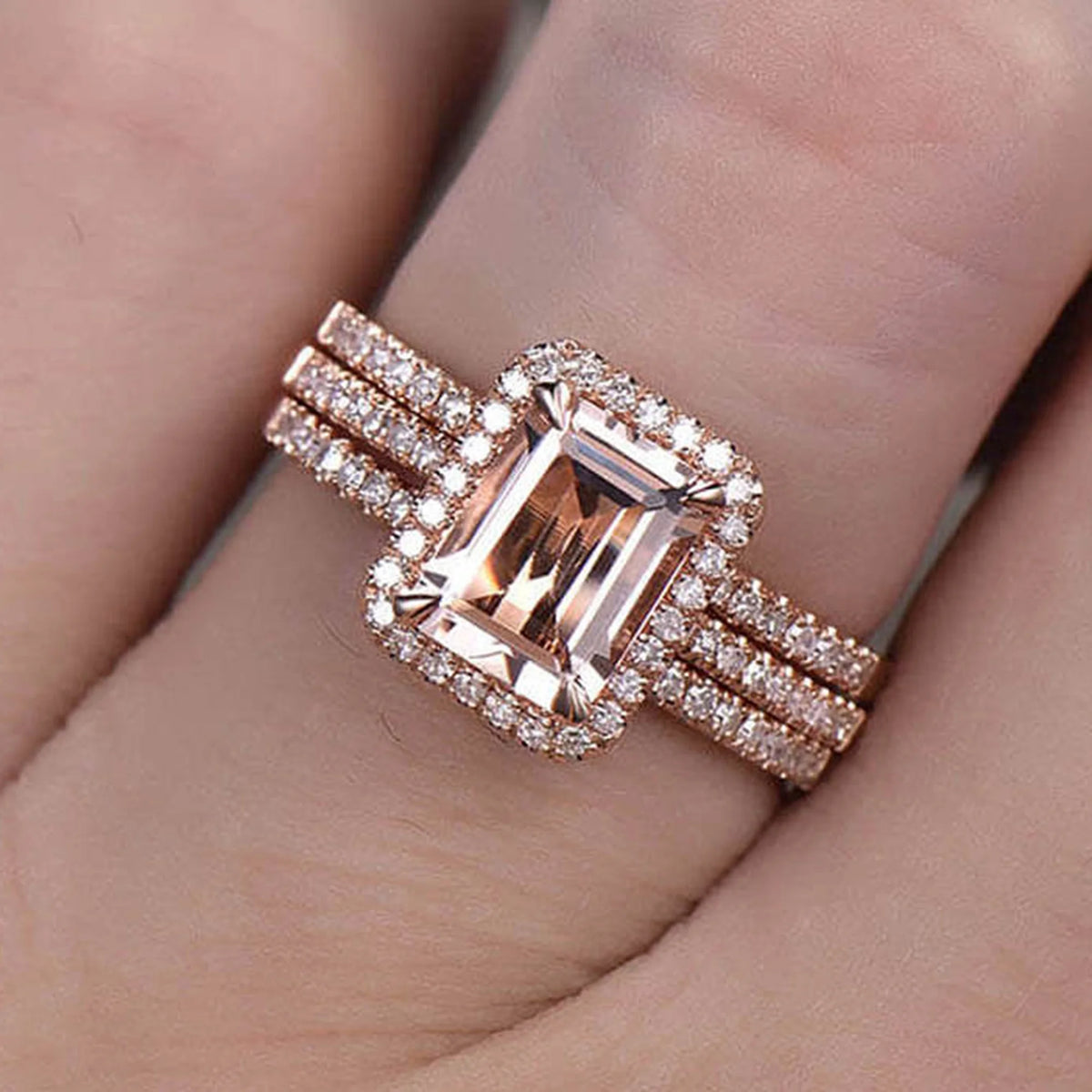 Emerald Cut Morganite Bridal Ring 10k Rose Gold Half Eternity W437737