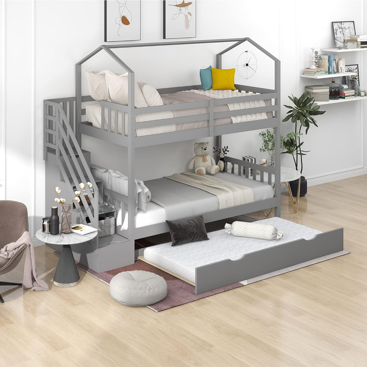 Solid Wood Twin-Over-Twin Bunk Bed with 3 Storage Drawers and Staircase (Grey) Q740