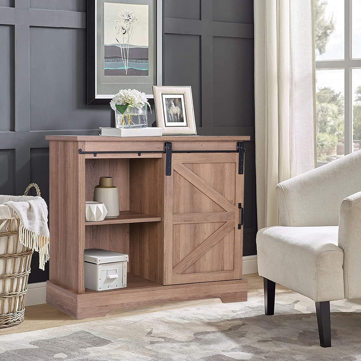Farmhouse Storage Chest with Sliding Barn Door and Metal Knob, 31.5L x 13.8W x 28.1H, Burlywood Q457
