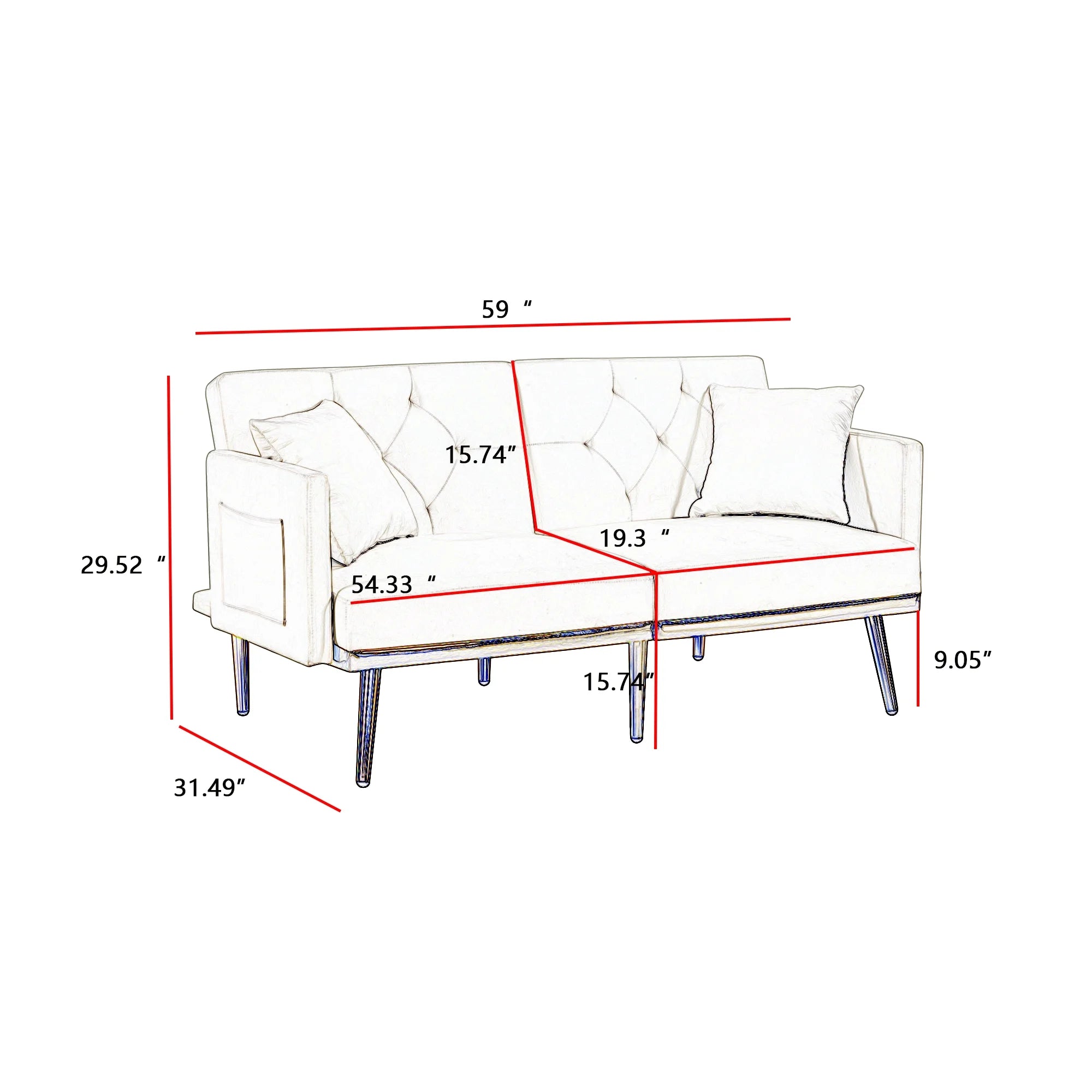Modern Velvet Tufted Sofa Bed with Metal Legs 2 Pillows S47902