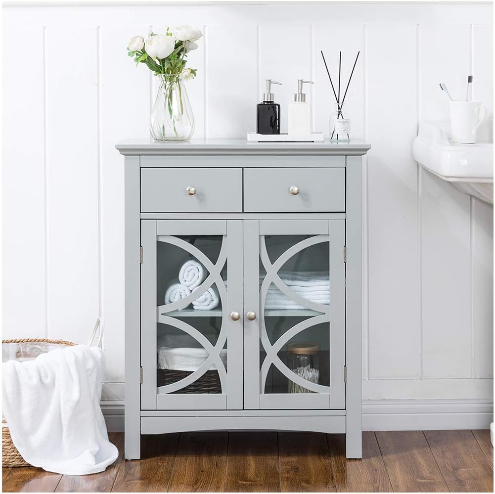 Grey Wooden Storage Cabinet with Double Doors and Drawer T37017