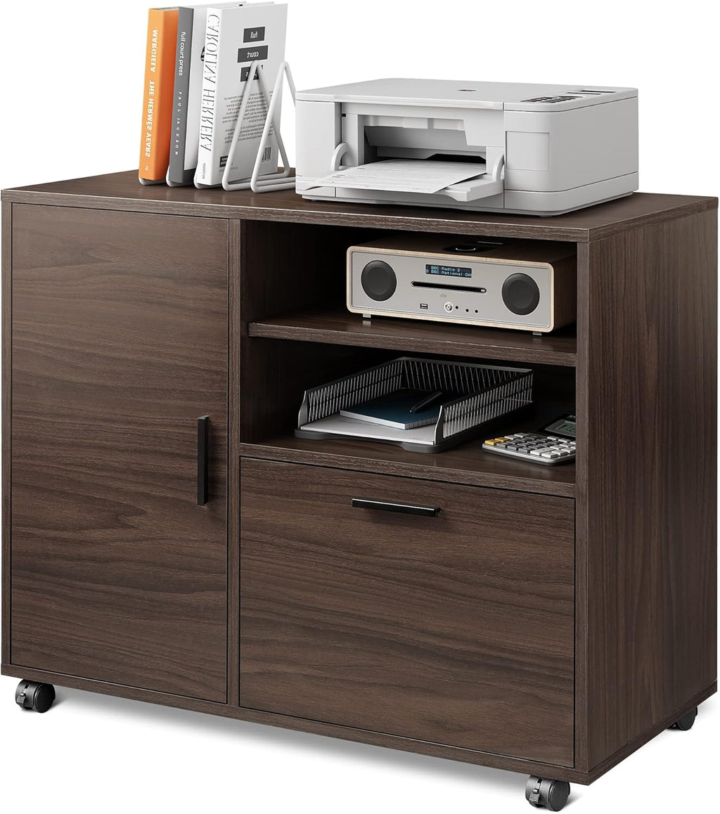 Walnut Wood Lateral File Cabinet with 1 Drawer and Storage Door Z191
