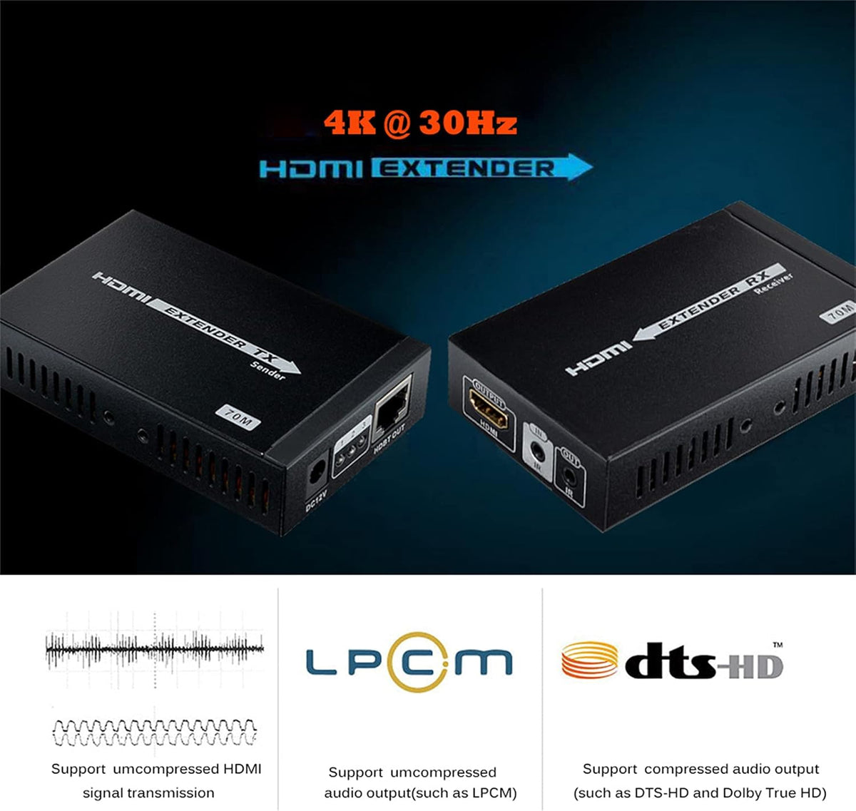 4K HDMI Extender Over CAT6 Cable Uncompressed Transmission up to 230ft N730
