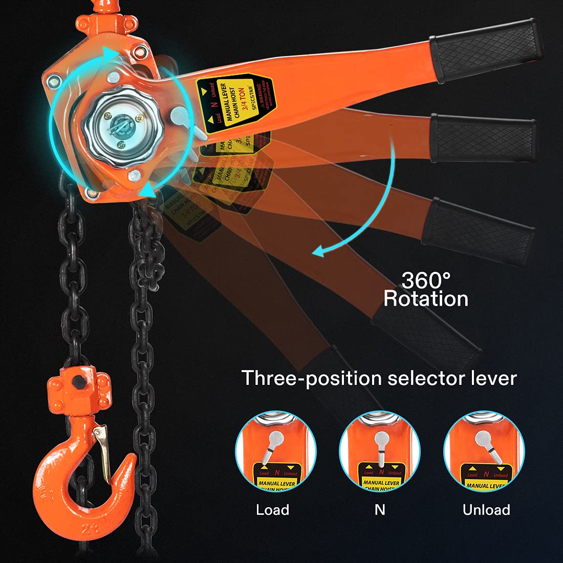 3/4 Ton Capacity 5 Feet Lever Chain Hoist with 2 Hooks T88028