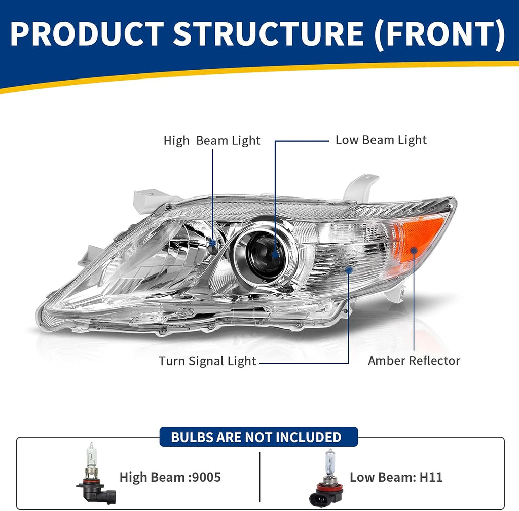 Headlight Assembly for 2010-2011 Camry Hybrid Chrome Housing Amber Reflector Projector Headlights O205470