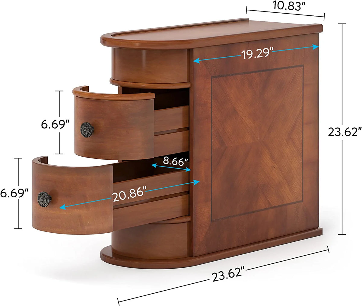 Half Round End Table with 2 Drawers, Sofa Side Desk with Storage, Slim Nightstand, Brown V253