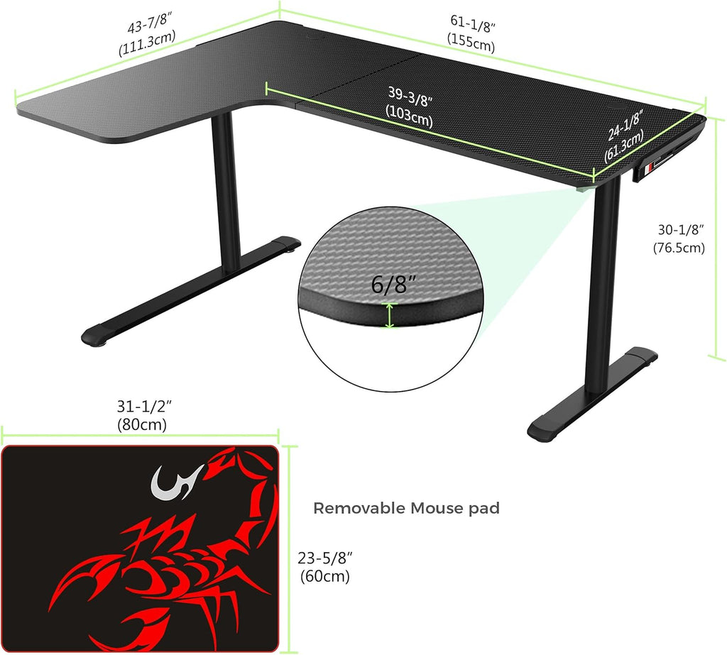 Black L Shaped 60 Inch Corner Gaming Desk with Mouse Pad and Cable Management Z460