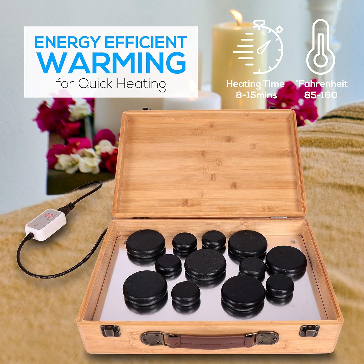 12 Pc Black Stone Massage Kit with Bamboo Heating Case S535
