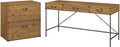 Vintage Golden Pine L Shaped Writing Desk with 2 Drawer Lateral File Cabinet M9875