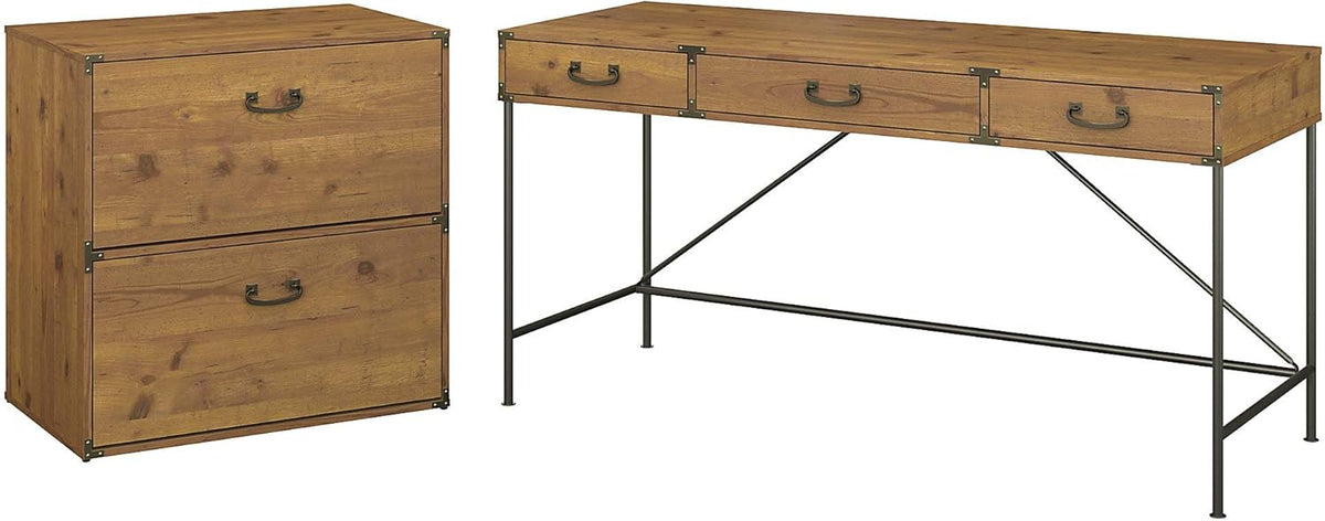 Vintage Golden Pine L Shaped Writing Desk with 2 Drawer Lateral File Cabinet M9875
