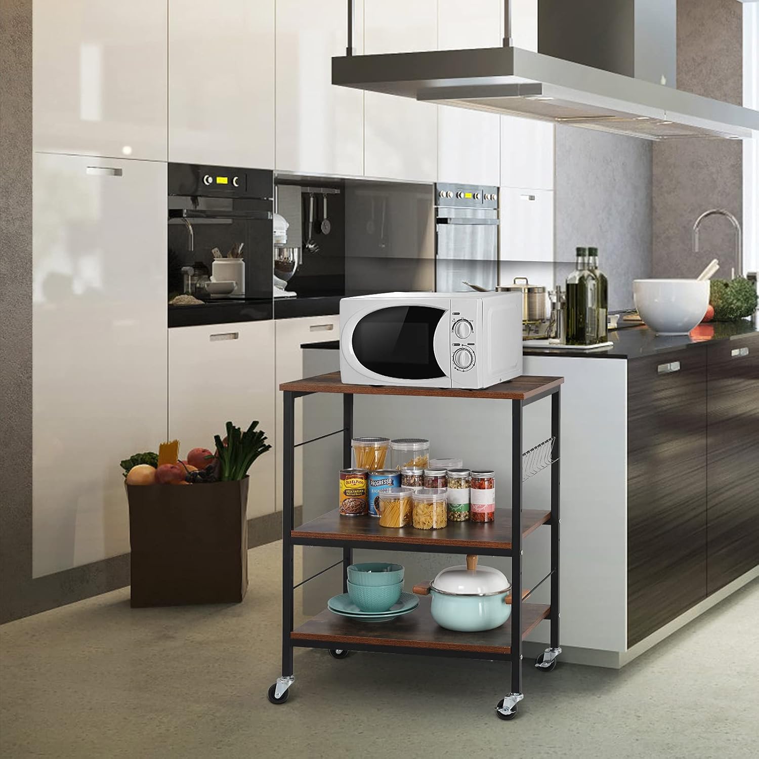 3 Tier Rolling Kitchen Cart with 10 Hooks S718