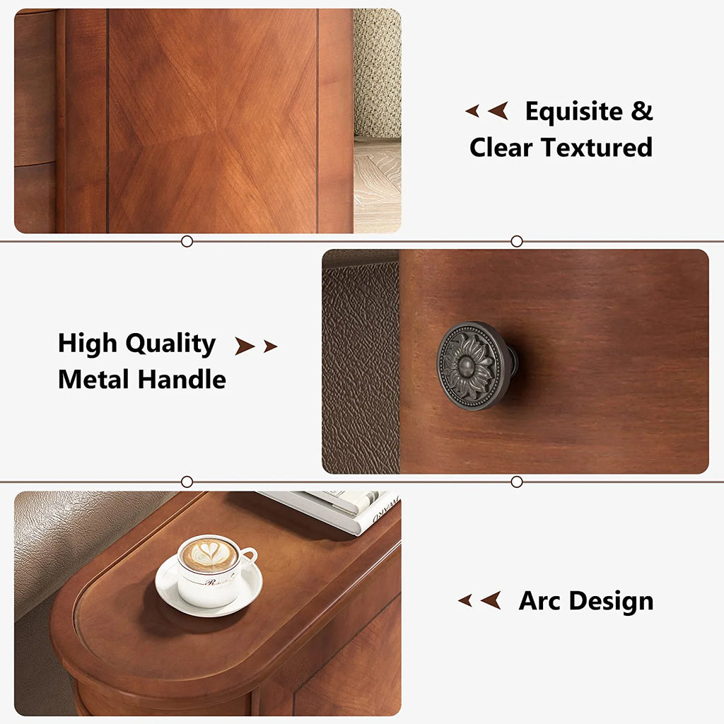 Half Round End Table with 2 Drawers, Sofa Side Desk with Storage, Slim Nightstand, Brown V253