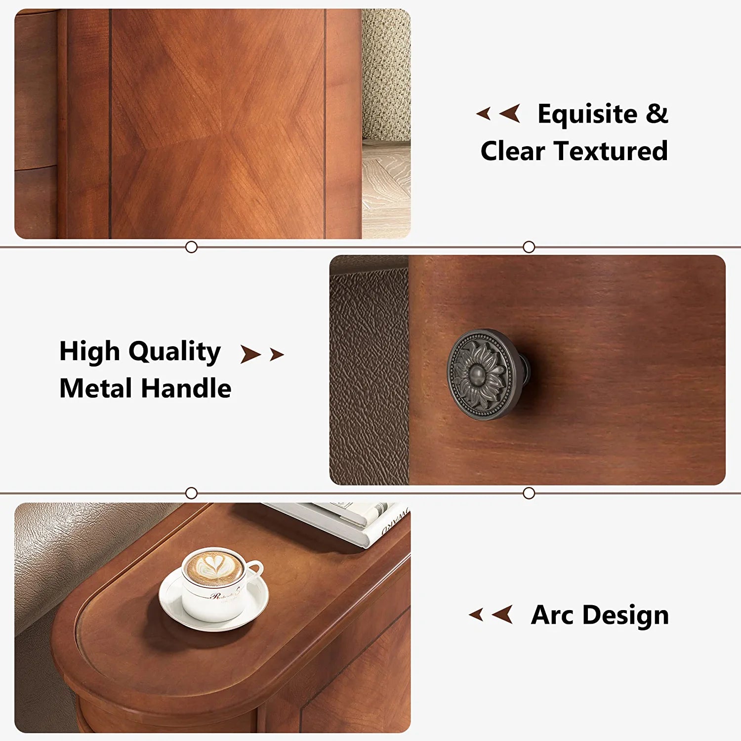 Half Round End Table with 2 Drawers, Sofa Side Desk with Storage, Slim Nightstand, Brown V253