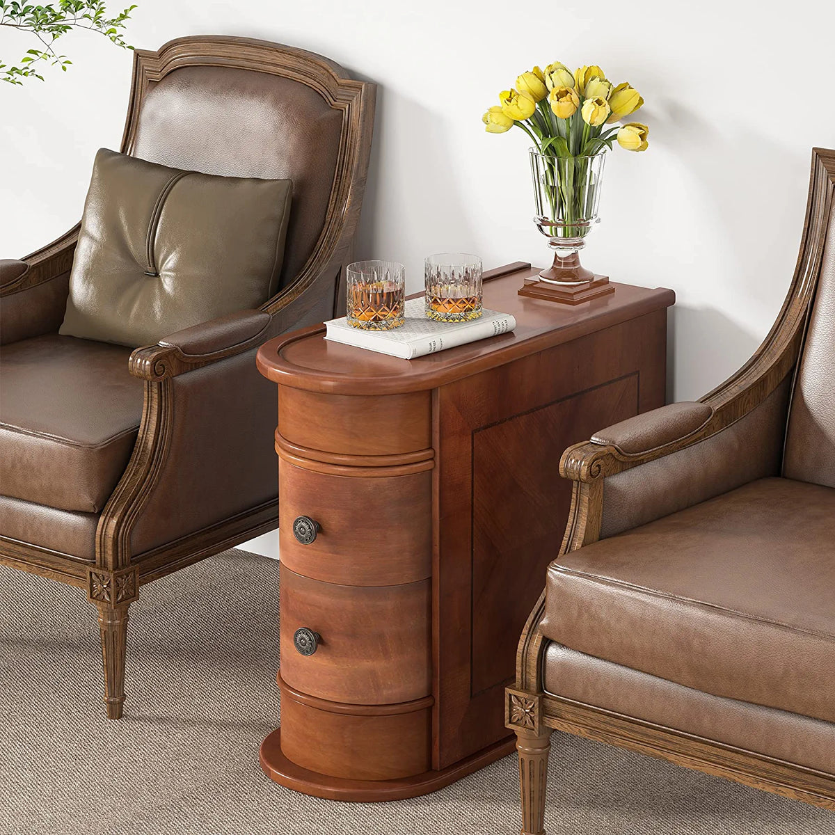 Half Round End Table with 2 Drawers, Sofa Side Desk with Storage, Slim Nightstand, Brown V253