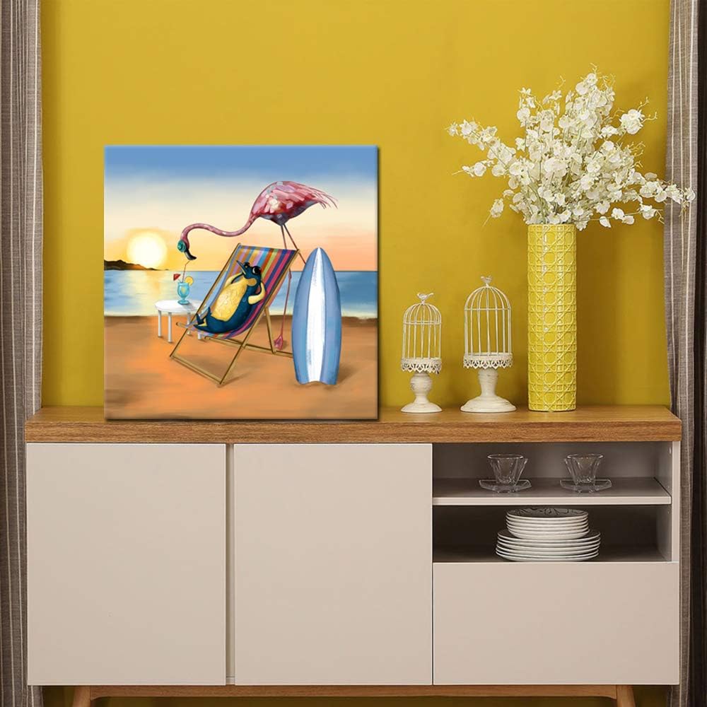 Funny Animal Flamingo and Penguin on Beach Vacation Canvas Prints Painting with Stretched Frame Wall Art 24x24inch M887359