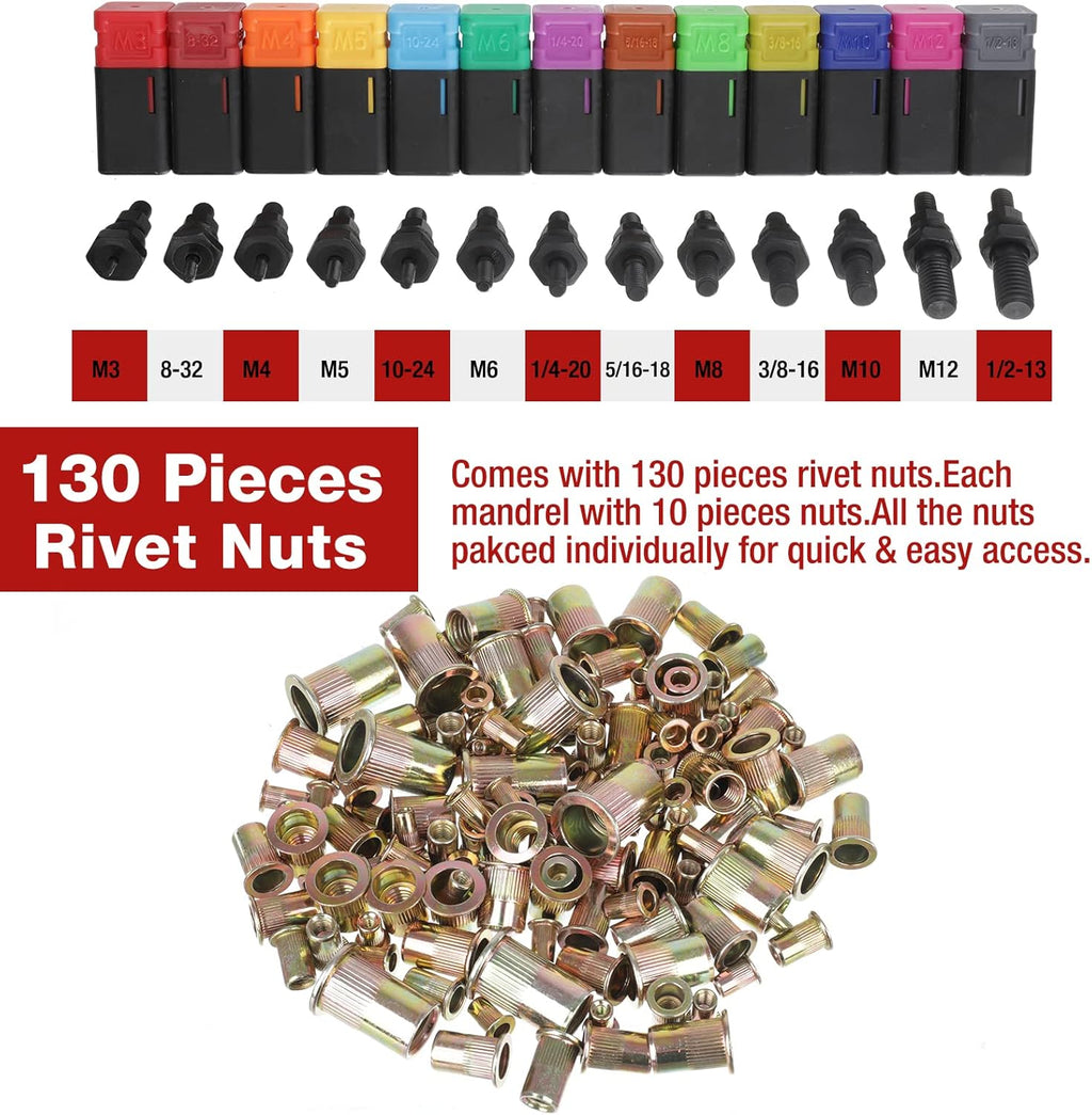 16'' Rivet Nut Tool with 13PCS Metric & Inch Mandrels, 130PCS Rivet Nuts, Plastic Case T706