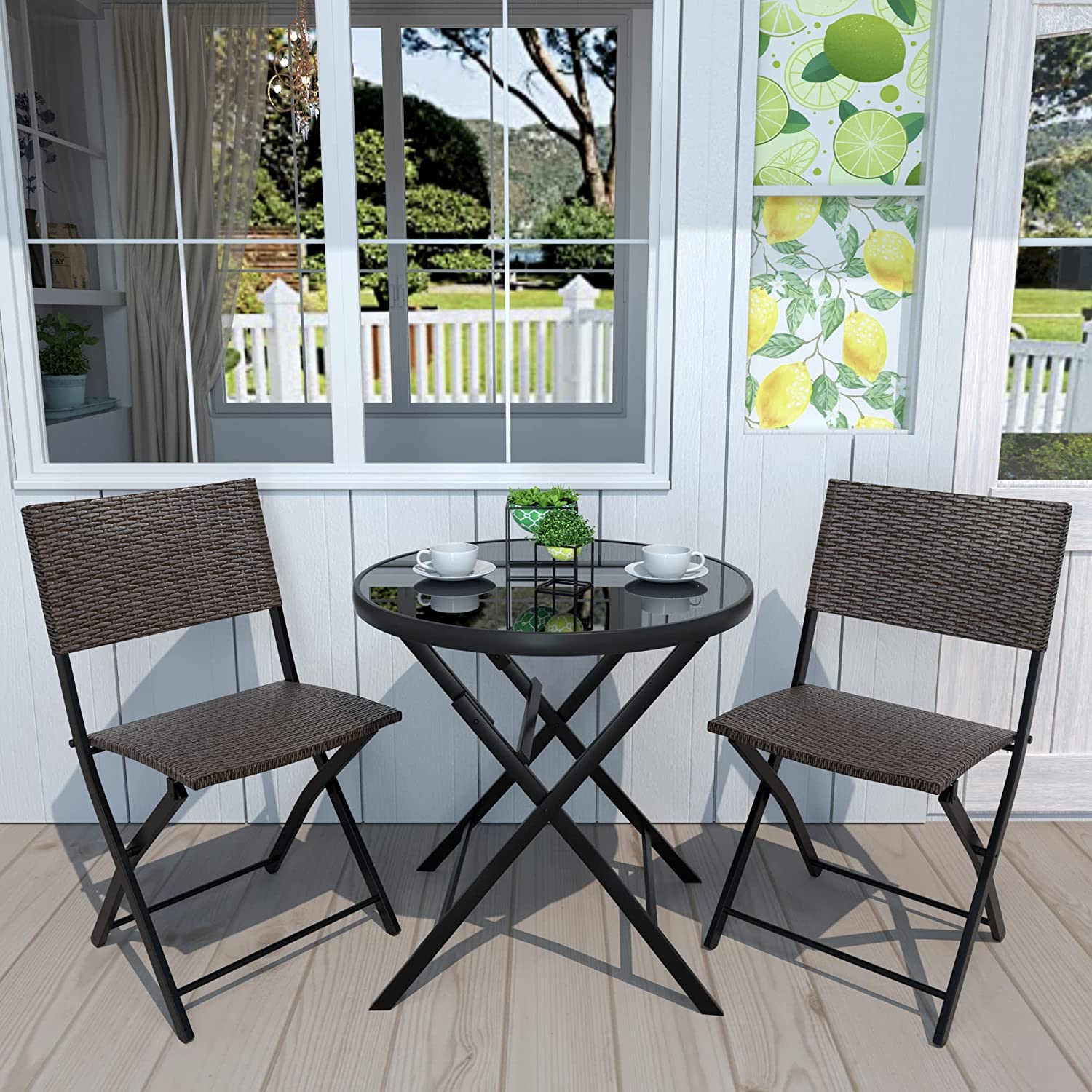 3 Pieces Outdoor Patio Bistro Set with Folding Patio Round Table and Chairs S632