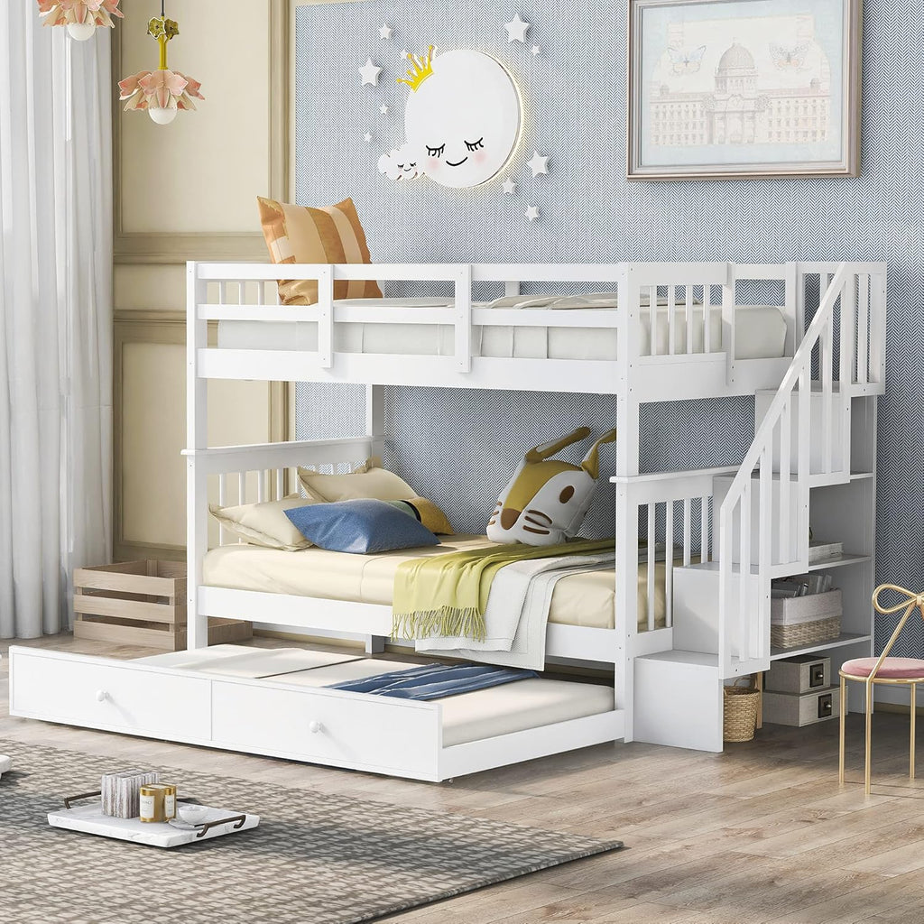 Solid Wood Twin-Over-Twin Bunk Bed with 3 Storage Drawers and Staircase (Grey) Q740