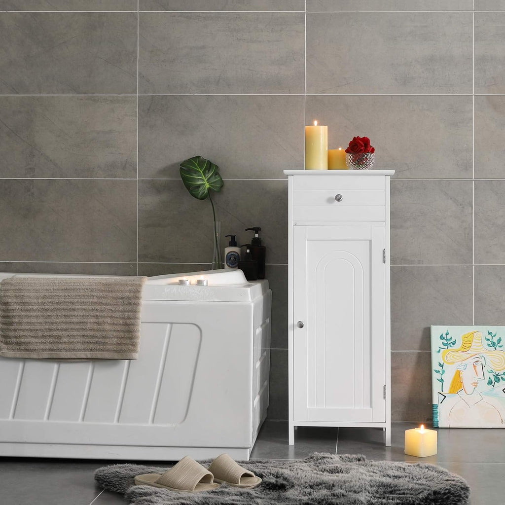White Wooden Bathroom Floor Cabinet with Drawer and Adjustable Shelf O497785