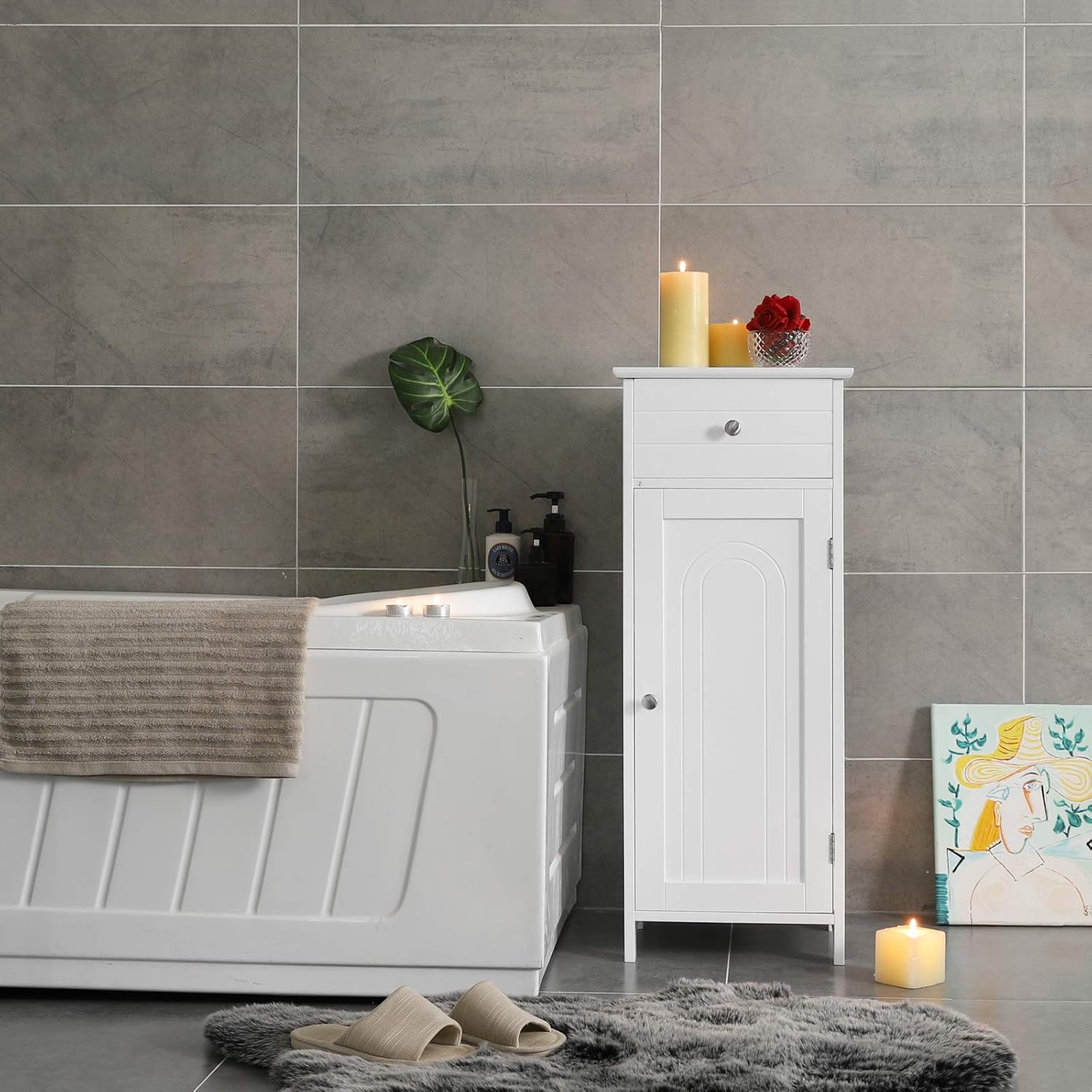 White Wooden Bathroom Floor Cabinet with Drawer and Adjustable Shelf O497785