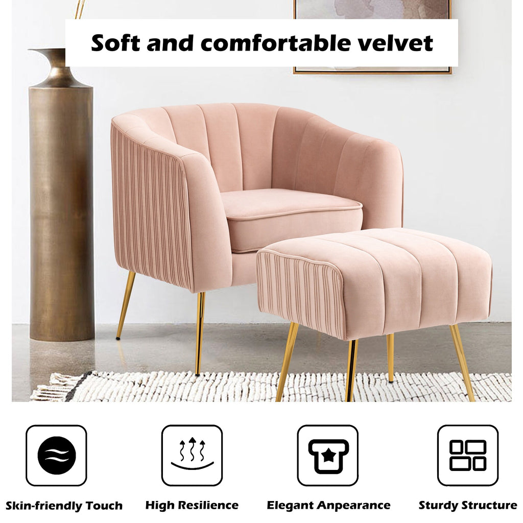 Pink Velvet Barrel Arm Accent Chair with Ottoman O1158