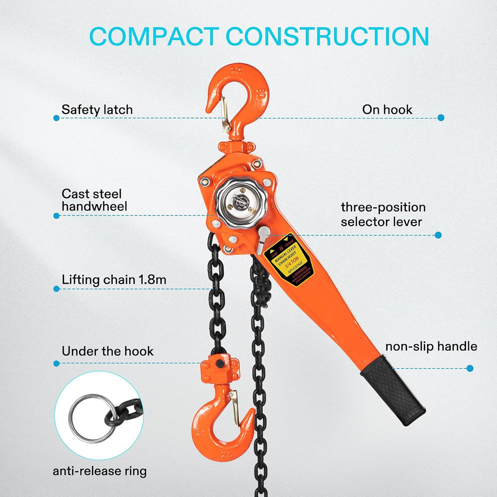 3/4 Ton Capacity 5 Feet Lever Chain Hoist with 2 Hooks T88028